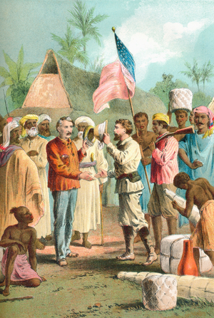 Stanley´s meeting with Livingstone 10 November 1871, in Ujiji near Lake Tanganyika, Tanzania, East Africa.  From The Life and Explorations of Dr. Livingstone published c.1875.