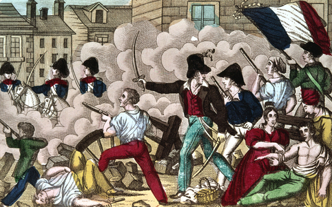 Barricade in paris on july 1830 revolution, engraving