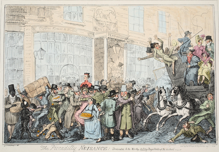 The Piccadily Nuisance, pub. 1936 (hand coloured engraving)