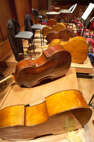 Double basses, during a break in rehearsal.