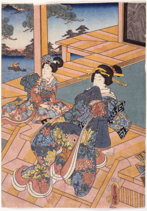 Two Ladies On A Terrace (colour woodblock print)