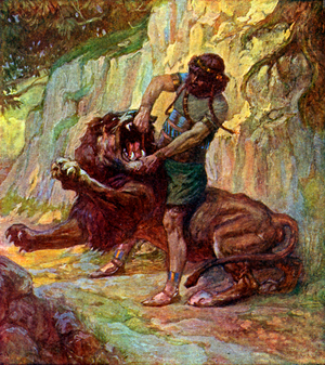 Samson kills a lion by J James Tissot - Bible