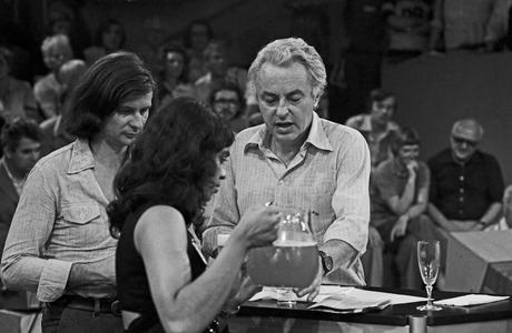 German journalist Hanns Joachim Hajo Friedrichs at a discussion at Hamburg, Germany around 1981