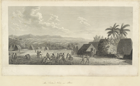 An inland view, in Atooi. Drawn by John Webber and engraved by Samuel Middiman. The drawing depicts Cook's visit to the village of Waimea on Kauai (Atooi). Some men are rolling barrels, others bartering with Hawaiians. At the right, two natives are carrying a pig strung to a pole. Behind them are many native dwellings, and a panoramic view of the interior.