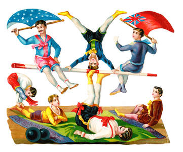 A Victorian Paper Scrap Relief of young men in gymnastic activities on a sheet, c.1880 (colour litho)