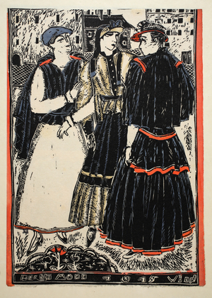 Winter fashion, illustration from 'Wiener Werkstatte Mode 1914/15', pub. Eduard Kosmack, Vienna, 1914-1915 (hand-coloured linocut)