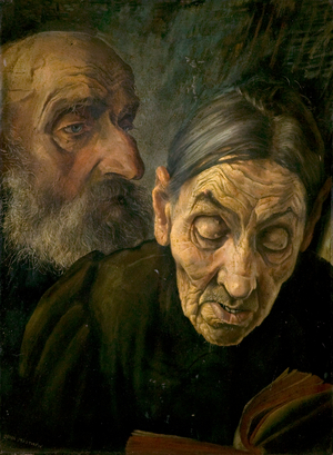 Heads of Two Old People (oil on panel)