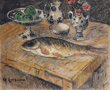 Still Life with Fish, Flowers and Apples; Nature Morte aux Poisson, Fleurs et Pommes,  (oil on board)