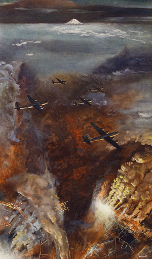 WW2 scenes: Fire-Bombing of Tokyo by B-29s (colour litho)