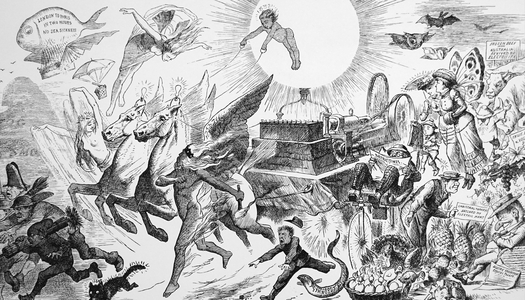 Mr Punch's dream of Electricity sweeping all before it, 1850