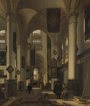 Interior of a Protestant Gothic Church with Motifs from the Oude and Nieuwe Kerk in Amsterdam, 1660-1680 (oil on canvas)