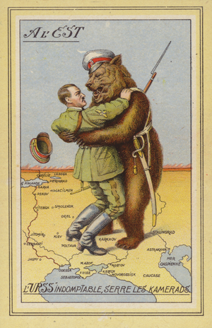 Hitler in the grasp of the Russian bear, World War II (colour litho)
