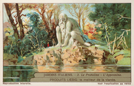 Liebig Chromos. Trade card. Series 1240, Italian gardens, no 3, the colossal “Apennine” (1581), at the Medici villas at Pratolino. 1936 (lithograph)