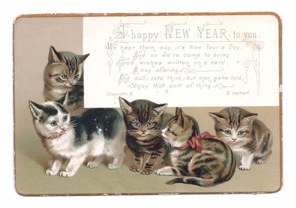 A Victorian New Year card of five kittens, c.1880 (colour litho)