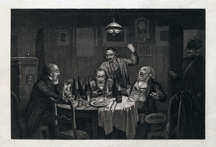 The Guests, 1864, Food and Drink, Table, Bottle, Bottles, Glass, Glasses, Wine, Champagne, Man, Singing, Song, Pub, Walking Stick, Chair, Chairs, Plates, Oysters, Police, 19th Century, Lamp, Alcohol, Celebration, People, Wineglass, Caucasian, Restaurant, Happy, Happiness, Beverage, Friendship, Male, Joy, Fun, Night, Lifestyle, Together, Gourmet, Gathering, Joyful, Viticulture, Evening, Indoor, Liszt Gourmet Archive