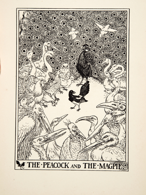 The Peacock and the Magpie, from A Hundred Fables of Aesop, pub.1903 (engraving)