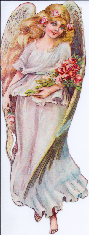 A Victorian Paper Scrap Relief of an angel with flowers in her hair holding a bouquet of roses, c.1880 (colour litho)