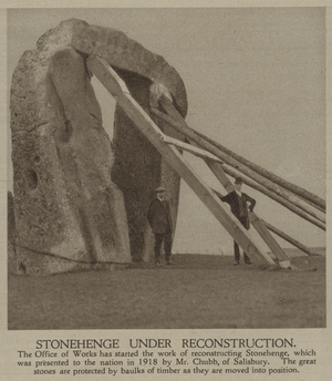 Stonehenge under reconstruction (b/w photo)