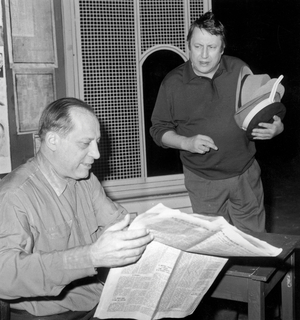 French Actors Raymond Devos (R) and Paul Prebois (L) during Rehearsal of Play in Paris March 10, 1967 (b/w photo)