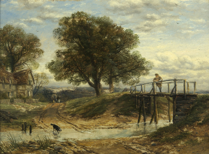 Landscape with Stream, Bridge and Cottage (oil on panel)
