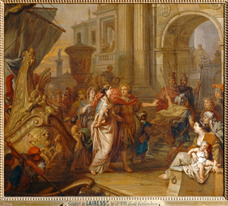 Le Debarquement d' Helène conduite par Paris au Palais de Priam, à Troie- Helena leaving the ship and being led by Paris to Priam' s palace …