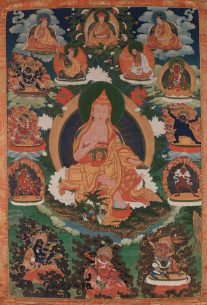 Guru Padmasambhava, Fourth Manifestation, 18th-19th century (Thangka: colours on cloth, cloth mountings, wooden dowels)