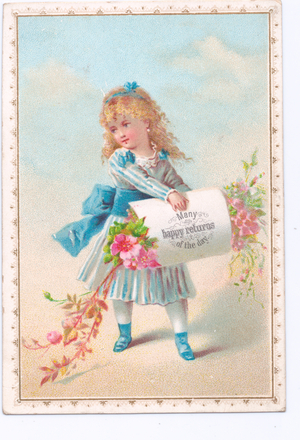 A Victorian Birthday card of a girl carrying flowers wrapped in paper that reads 'many happy returns of the day', c.1880 (colour litho)