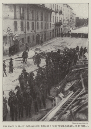The Riots in Italy, Bersaglieri before a Conquered Barricade in Milan (litho)