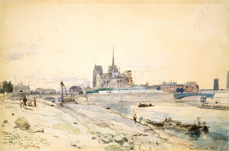Notre Dame of Paris seen from the Quai de la Tournelle, 1863 (charcoal & w/c)