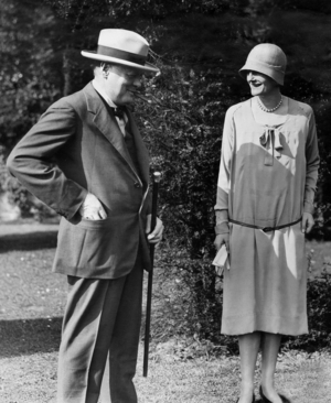 Winston Churchill and his wife Clementine in Woodhouse garden in Epping area, 1920 (b/w photo)