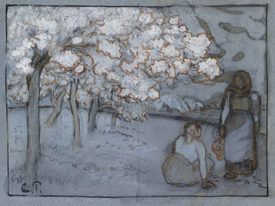 Compositional study of two female peasants conversing in an orchard, c. 1894 (red-brown and Indian inks over charcoal heightened with bodycolour on blue paper)