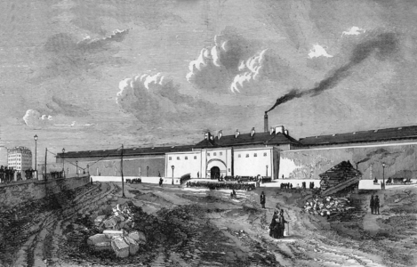 Former Mazas Prison in Paris (1845-1850), engraving from book "Paris a travers les siecles", 1878