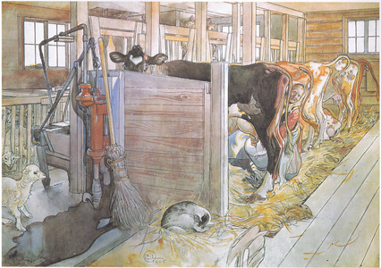 Johana milking the cows (colour litho)