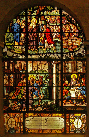 Window in the Charnier (w.4) depicting the Feeding of the 5000 and the meeting and supper at Emmaus (stained glass)
