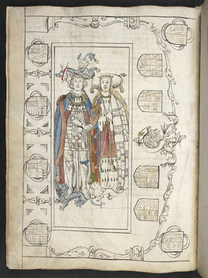 Add MS 45131, f.89v, Heraldic drawing of the effigies of Algernon Percy and Catherine Percy, Wriothesley Heraldic Collections (vellum)