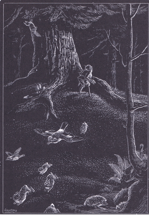 Dodder hears the approach of Giant Grum, illustration from Little Grey Men published by Methuen, 1974 (litho)