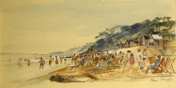 The Beach at Bournemouth (pencil, ink, crayon, pastel & watercolour on board)