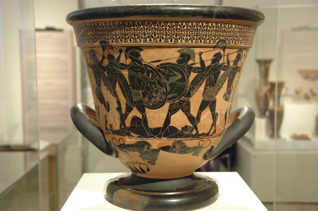 Greek art. Attic krater painted with black figures representing an Homeric battle around the body of a dead warrior (possibly Patroclus). 