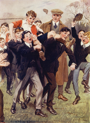 "'Put him down now, you men,' said Bentley;  'You'll pull him to bits!'" (colour litho)