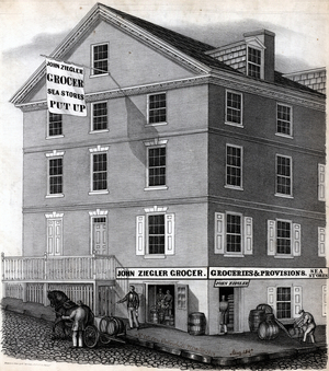 John Ziegler, grocer, N.W. corner of Callowhill and Water Streets, Philadelphia, August 1847 (litho)



