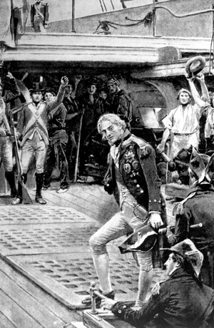Admiral Nelson greeted by the men on Victory ship after the battle of Trafalgar in 1805, engraving