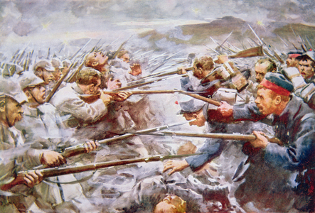 Belgians repelling Germans at Liège, 1914 (colour litho)