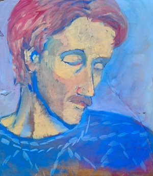Redhaired Man in Blue,2024 (gouache, tempera on cardboard)
