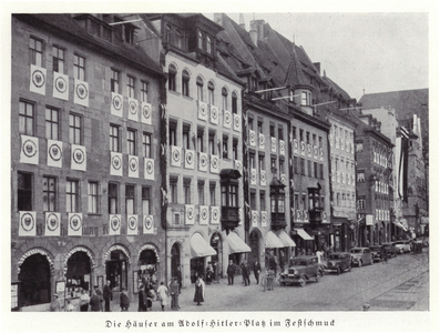 Houses decorated with flags, Adolf Hitler Platz, Nuremberg, 1936 (b/w photo)