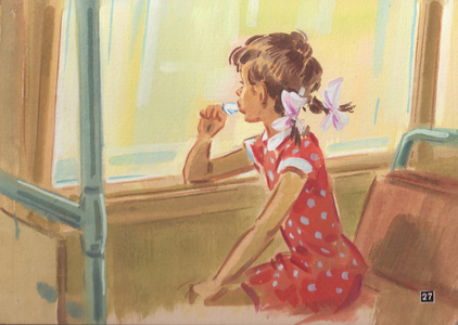 In the Bus, 1960s (gouache on paper)