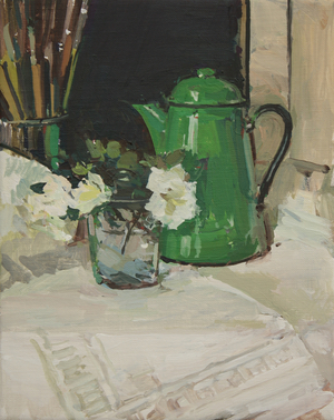 Azaleas and green jug II, 2014 (oil on board)