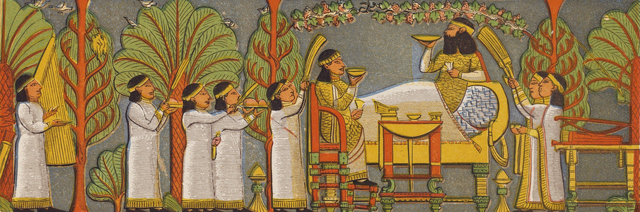Assyrian banquet scene (colour litho)