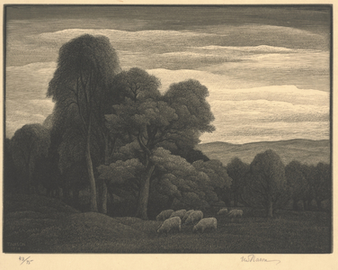 Landscape with Sheep, 1934 (wood engraving)
