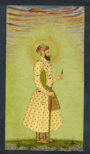 Prince 'Azim al-Shan, facing right, stands in a flowery meadow holding a 'sarpesh' in his left hand, and resting his right hand on the hilt of his sword. A radiant halo glows about his head and he is dressed in a pale yellow jama with brocade flowers, a red and gold turban, and decorated gold boots and 'patka'. The sky is pale green with streaked and coloured clouds towards the top