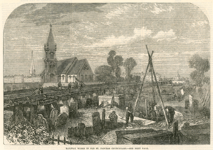 Railway works in Old St Pancras Churchyard, London (engraving)